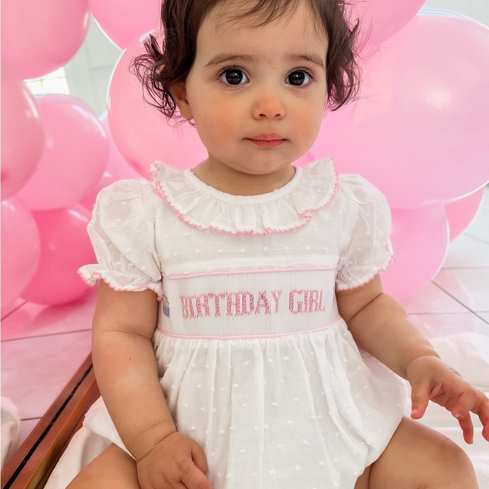 White and Pink Birthday Girl Smocked Bubble Romper
